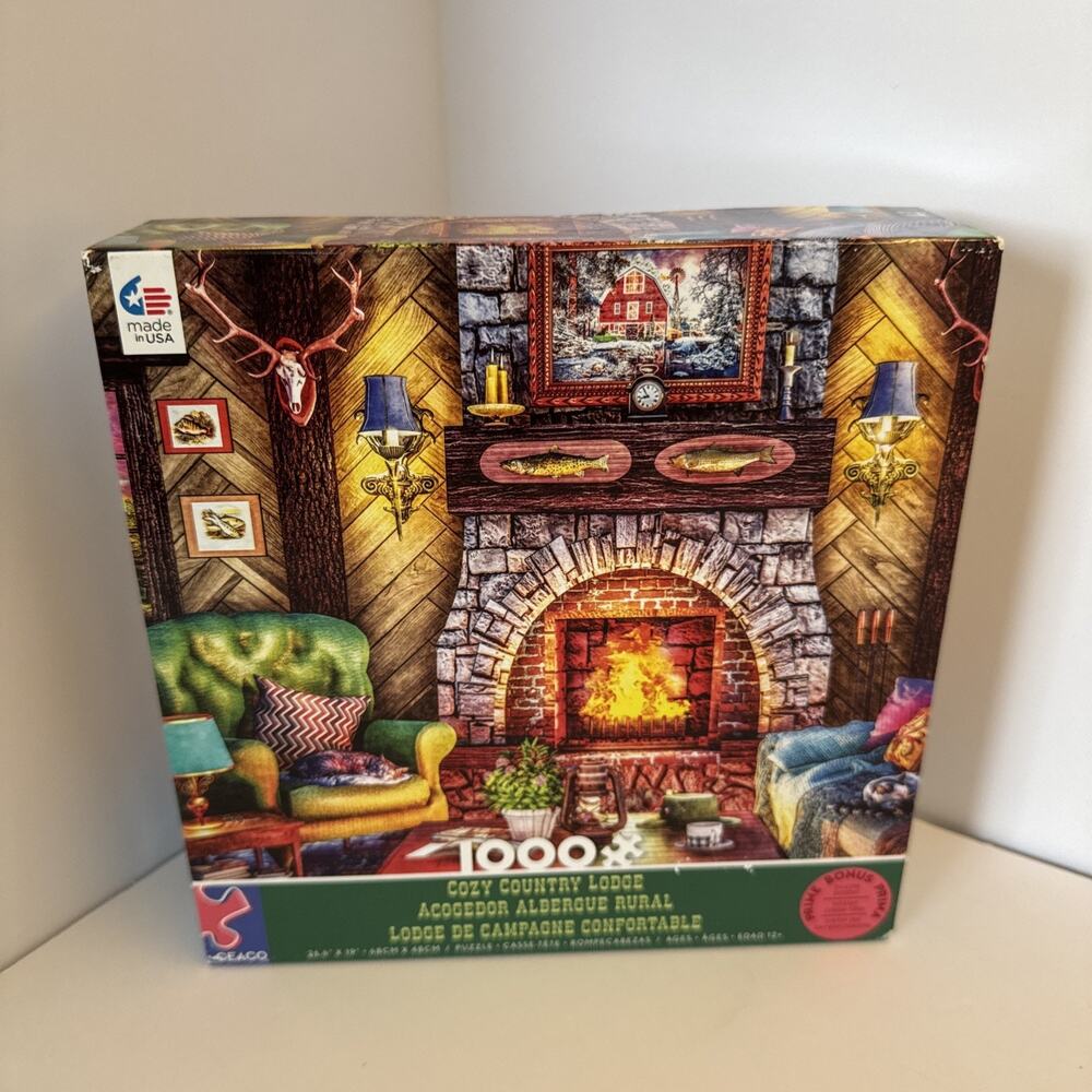 Ceaco Cozy Country Lodge 1000 Piece Jigsaw Puzzle Rustic Cabin Fireplace NEW
